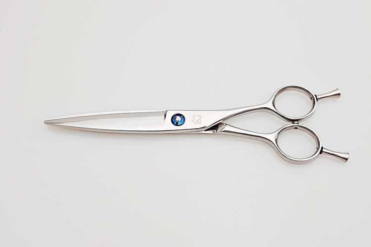 Pair of dry cut hair scissors with a visible brand logo on a white background