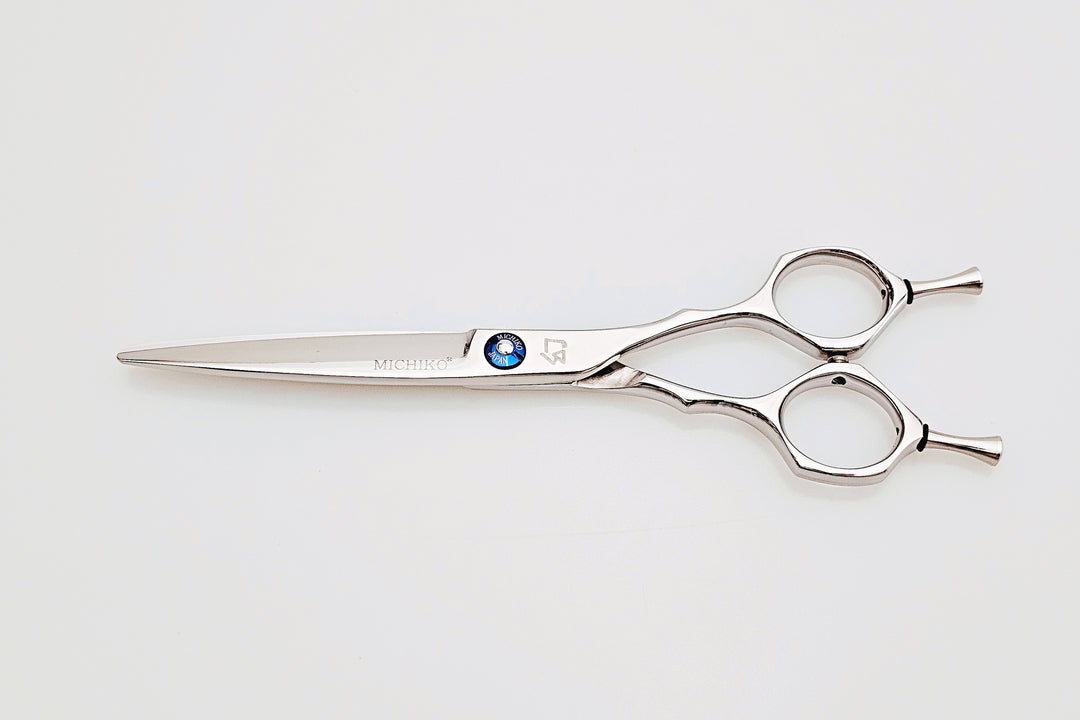 Hair scissors with a brand logo on a white background