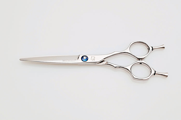 Hair scissors with a brand logo on a white background