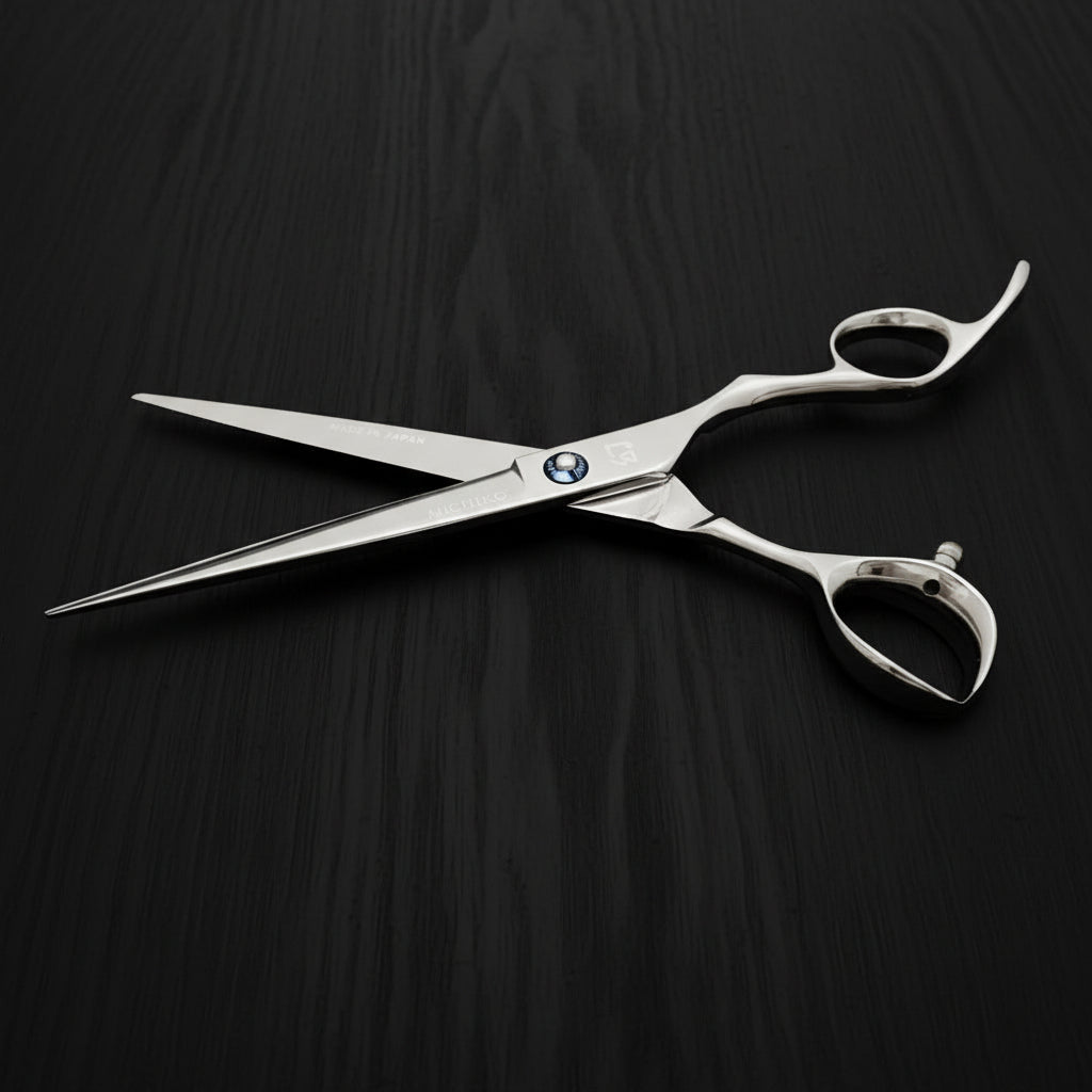Professional Japanese Barber Shears made of premium cobalt alloy with convex edge and ergonomic handle.