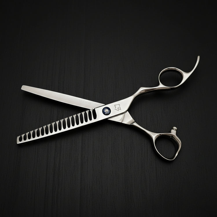 7-inch hair texturizing shears on a black background