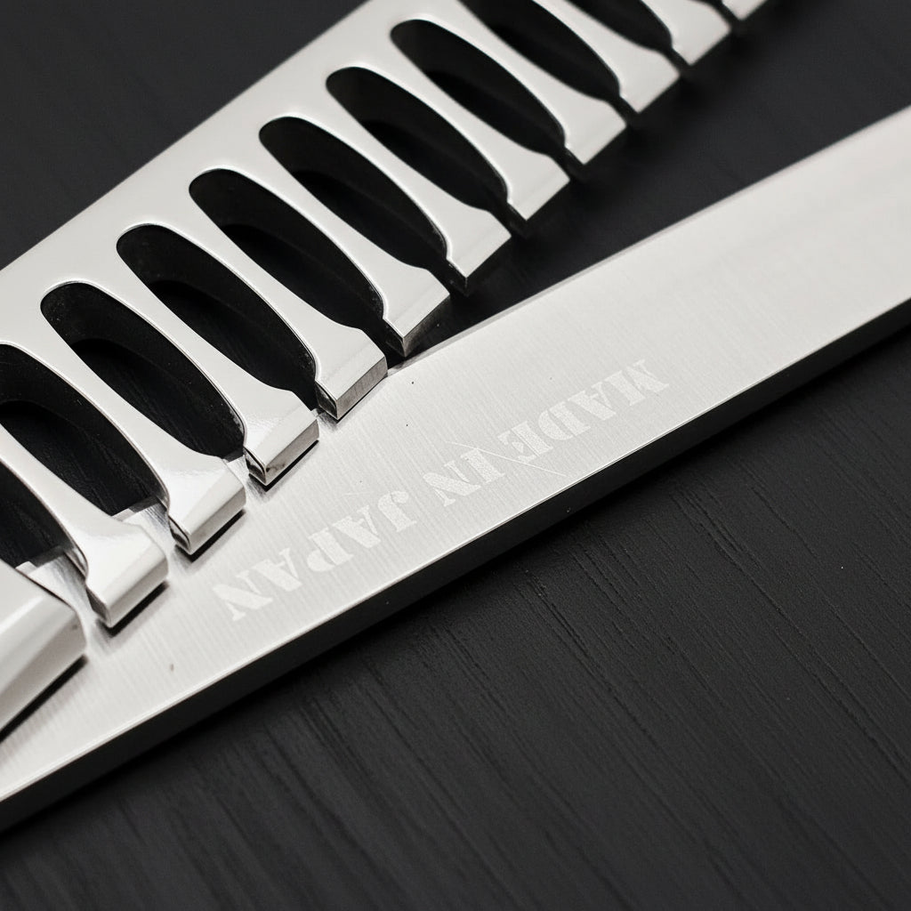 Close-up of hair texturizing shears with engraved 'Made in Japan' text on a black background