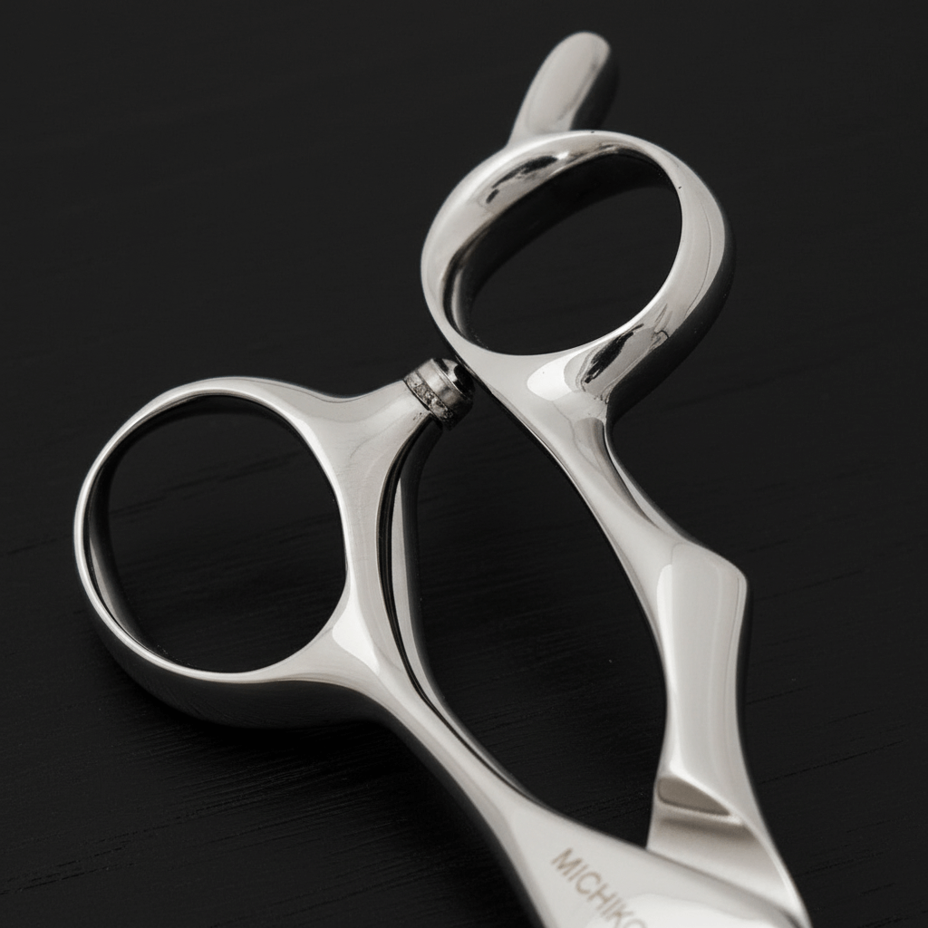 Close-up of hair scissors handle park with 'MICHINO' branding on a black background