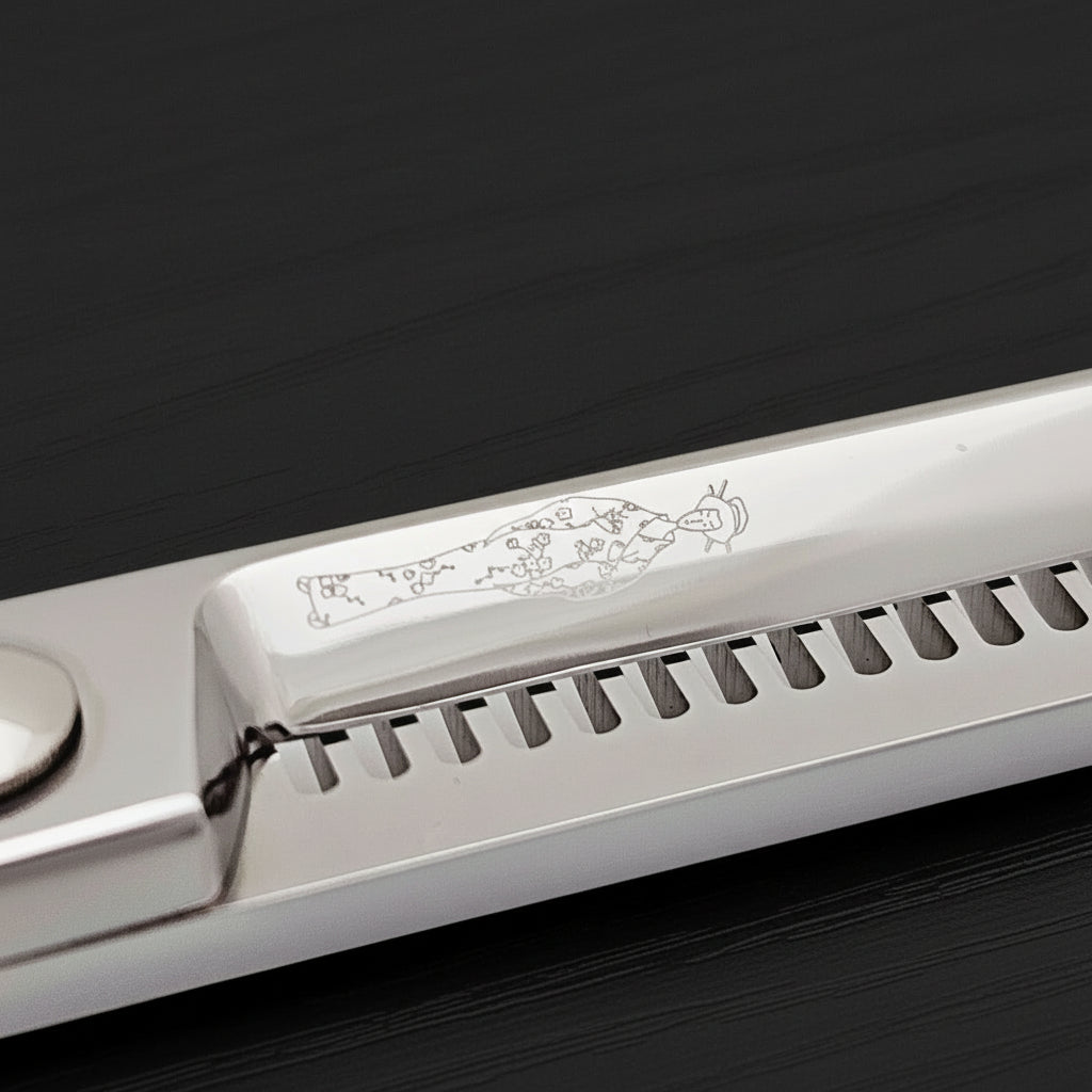 Close-up of the back of hair-thinning scissors blades with an engraved Japanese lady logo on a black background
