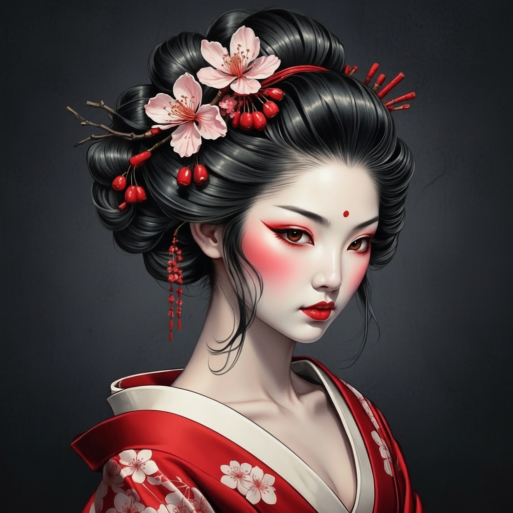 Traditional Japanese geisha with cherry blossoms in hair against a dark background