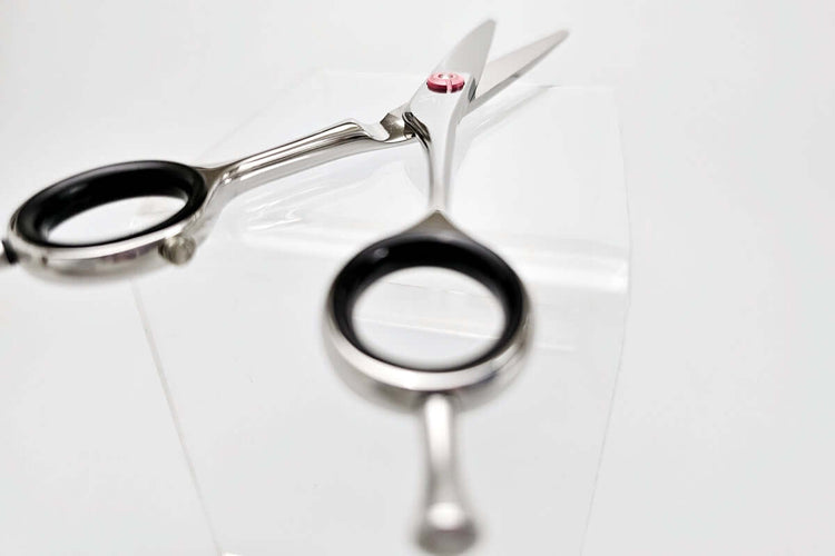 Pair of black-handled hair scissors on a white background