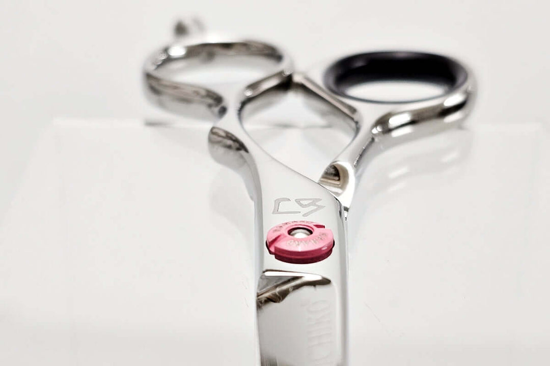 Hair scissors with a pink screw nut on a white background