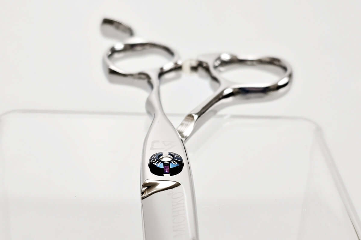 Hair scissors with a blue screw on a white background