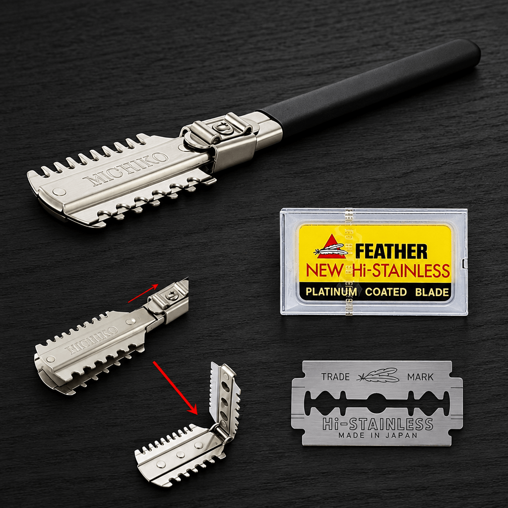Michiko razor comb hair removal tool and double edge razor blade on a black matte oak background.