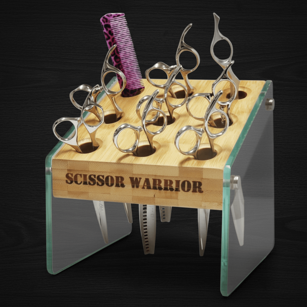 Bamboo & Glass Hair Scissor Holder | 9-Slot Barber Shear Stand | Salon Organizer Decor