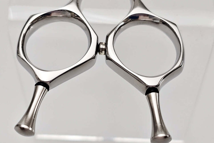 Close-up of a pair of hair scissors handle on a white background