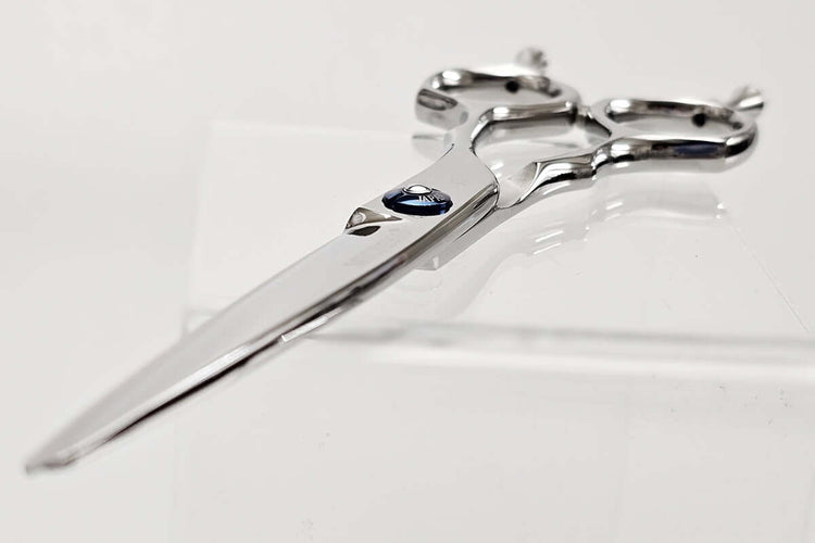 Hair scissors with a blue screw nut on a white background