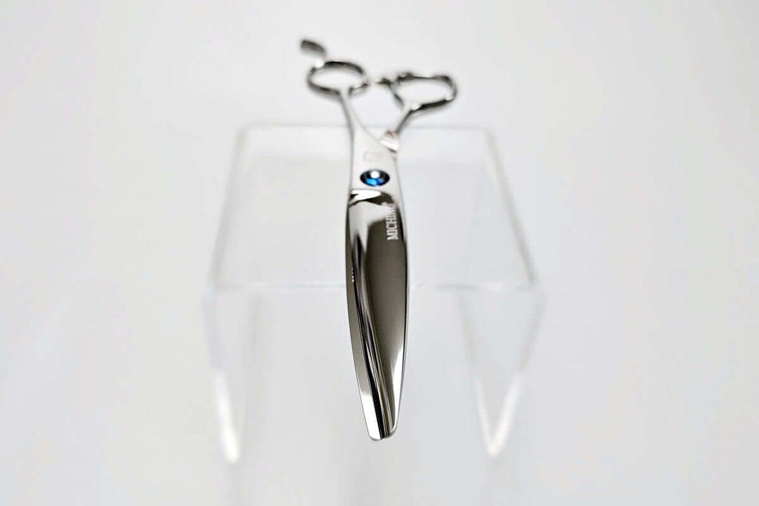 Hair scissors with a blue screw on a white background