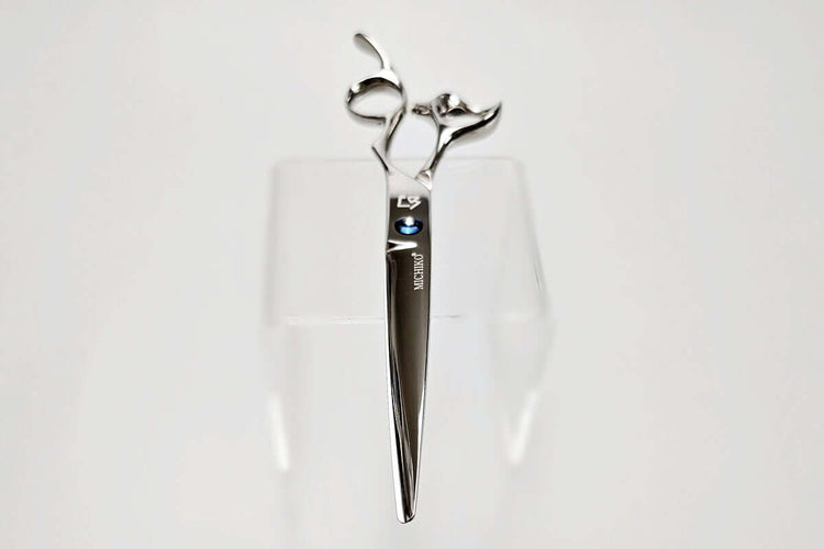 Hair cutting scissors with a brand logo on a white background
