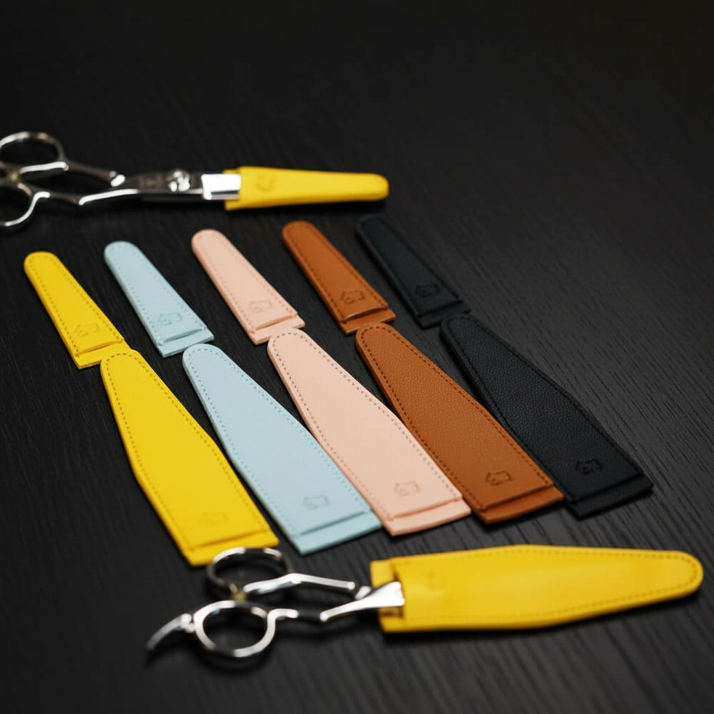 Small and large hair scissors tip covers in five colors (black, blue, pink, yellow, and brown), demonstrating usage with two scissors, each fitted with different size tip covers.