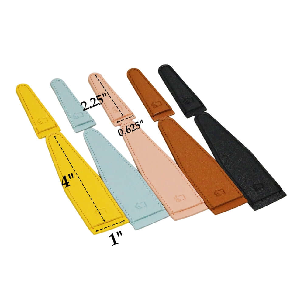 Small and large hair scissors tip covers in five colors (black, blue, pink, yellow, and brown), shown with measurements.